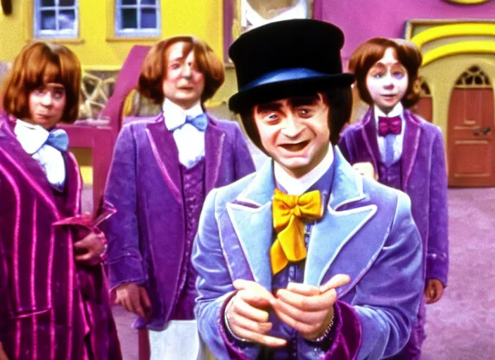 Image similar to film still of Daniel Radcliffe as Willy Wonka in Willy Wonka and the Chocolate Factory 1971