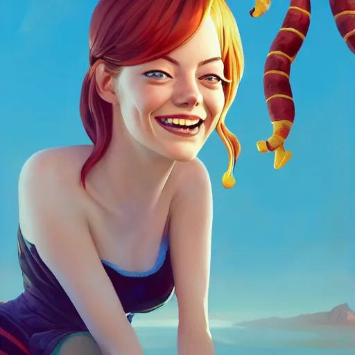 Image similar to emma stone smiling to see flying big italian sausages by concept artist gervasio canda, behance hd by jesper ejsing, by rhads, makoto shinkai and lois van baarle, ilya kuvshinov, rossdraws global illumination radiating a glowing aura global illumination ray tracing hdr render in unreal engine 5