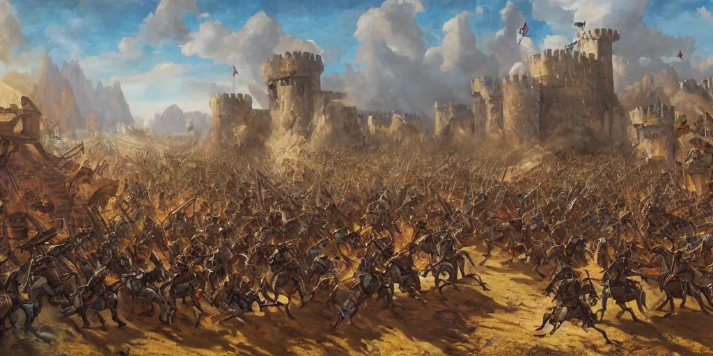 Prompt: a painting of a large fantasy army sieging a castle