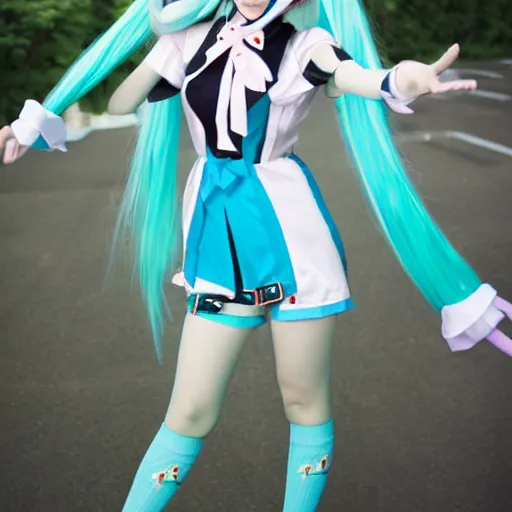 Image similar to Hatsune Miku cosplay, full-length photo, 35 mm