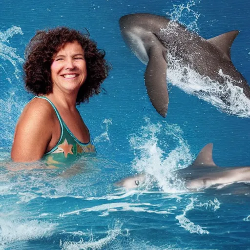 Prompt: an athletic woman in her fifties with curly brown hair, swimming smiling in the middle of a rough sea surrounded by sharks. above her, in the sky, a star.