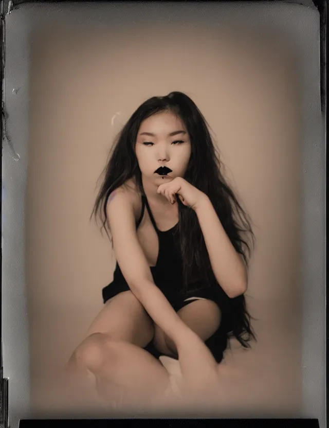 Image similar to polaroid photo with flash, girl sitting on a bad, heavy make up, grunge style, asian, polaroid photo bleached strong lights, kodak film stock, hyper real, stunning moody cinematography, with anamorphic lenses, by maripol, detailed