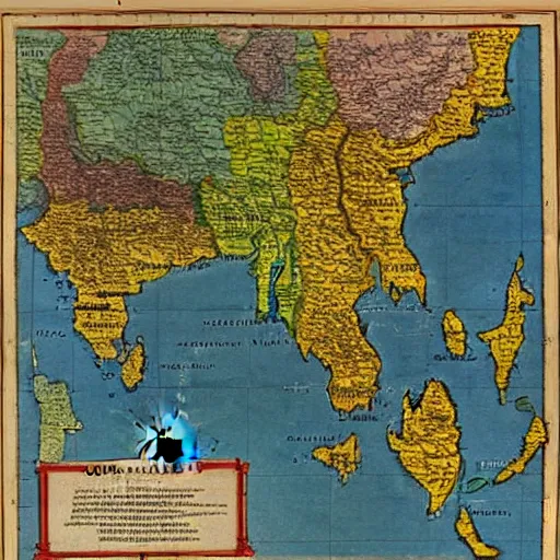 Image similar to map of mainland southeast asia, zoom in burma thailand laos cambodia and vietnam, 1 7 th century, high accuracy, fantasy, based on geographical map,