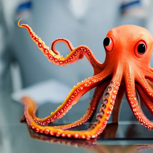 Prompt: an octopus in formal attire at work at the bank. hd photo