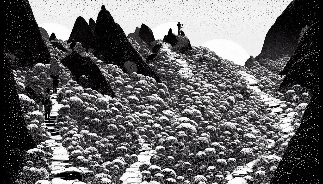 Prompt: mountain path hike by nicolas delort, moebius, victo ngai, josan gonzalez, kilian eng