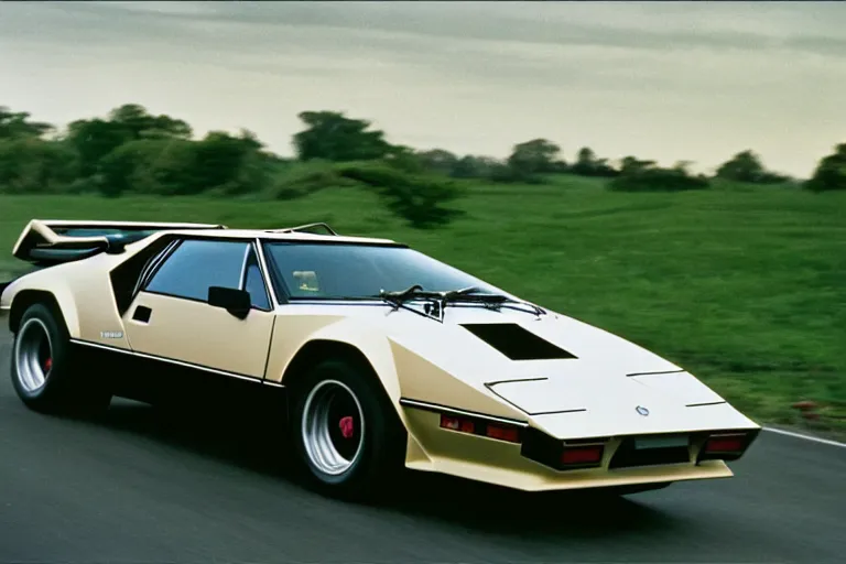 Image similar to 1975 De Tomaso Pantera Countach, movie still, speed, cinematic Eastman 5384 film