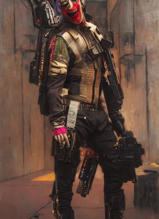 Image similar to crazy eddie. cyberpunk clown wearing a military vest and combat gear. (Cyberpunk 2077, bladerunner 2049). Iranian orientalist portrait by john william waterhouse and Edwin Longsden Long and Theodore Ralli and Nasreddine Dinet, oil on canvas. Cinematic, hyper realism, realistic proportions, dramatic lighting, high detail 4k