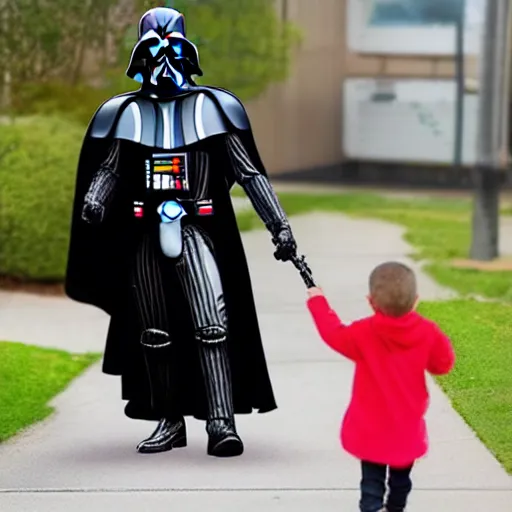 Prompt: darth vader walking kids to the kindergarten