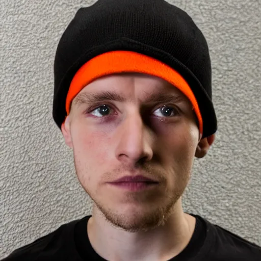 Image similar to close-up a 25 year old man wearing a black winter hat and a orange jail inmate tshirt, inside a underground facility, blue eyes, hideous, side lighting, Jan Kalous, D-55240