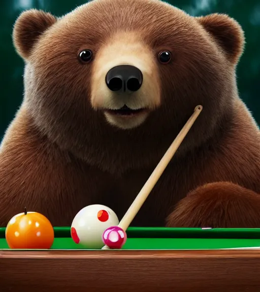 Prompt: very beautiful portrait of an extremely cute and adorable bear playing pool smooth, perfect face, fantasy, character design by mark ryden and pixar and hayao miyazaki, sharp focus, concept art, harvest fall vibrancy, intricate detail, cinematic lighting, hyperrealistic, 3 5 mm, diorama macro photography, 8 k, 4 k