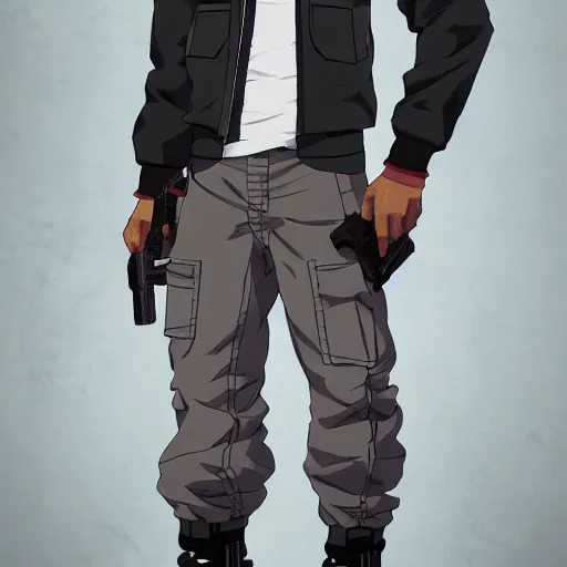 Prompt: huey freeman from boondocks in an acronym techwear outfit, anime, character design, in the style of akihiko yoshida, high definition, fullbody, artstation, 4 k