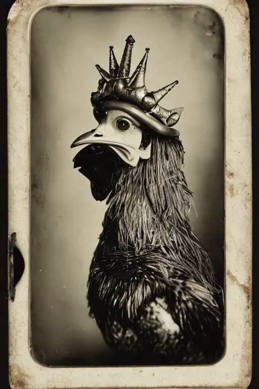 Prompt: a wet plate photo of an anthropomorphic rooster king, wearing a crown, wearing a robe