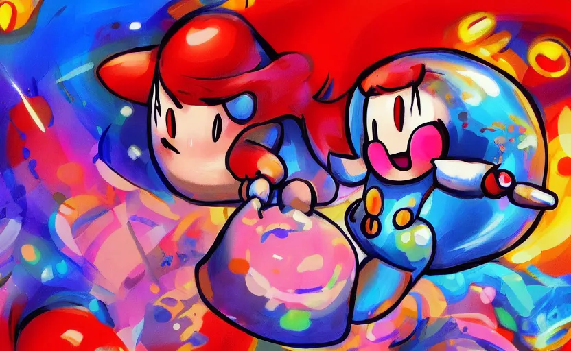 Prompt: Kirby dancing, digital painting, expressionistic, intricate detail, meticulous brush strokes, genius composition, masterpiece, work of art, 4k wallpaper