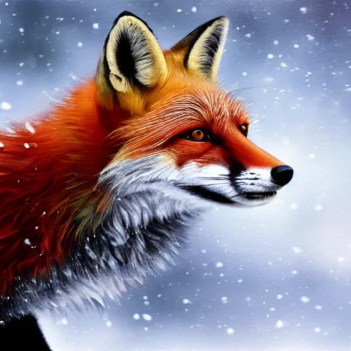 Prompt: a fantasy artwork of a red fox in the snow during a blizzard