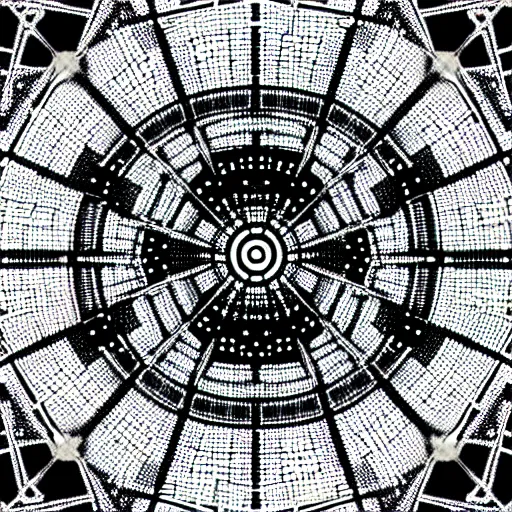 Image similar to a black and white drawing of a geometric lattice international space station made of chrome and filled with equipment, a microscopic photo by ernst haeckel, zbrush central, kinetic pointillism, intricate patterns, biolumiescence, photoillustration