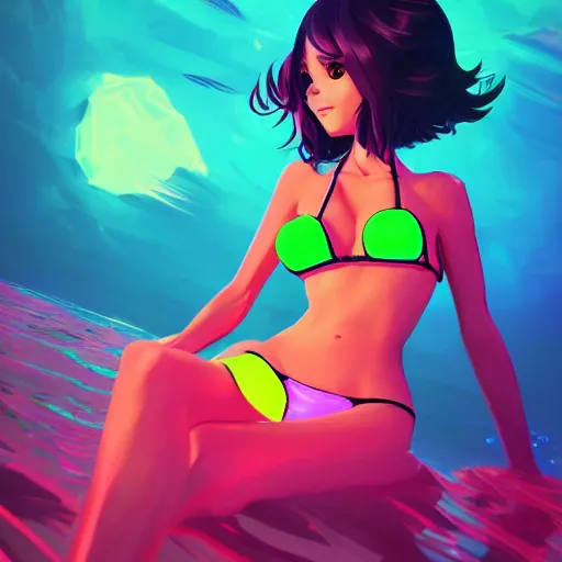 Image similar to neon bikini woman in the ocean | hyperrealistic digital painting by makoto shinkai, ilya kuvshinov, lois van baarle, rossdraws | afrofuturism in the style of hearthstone and overwatch, trending on artstation