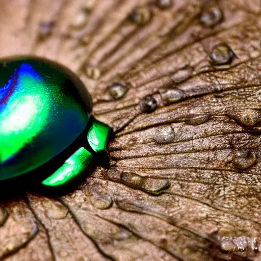 Image similar to an ultra high definition and realistic iridiscent scarab in the jungle, close-up, 35mm