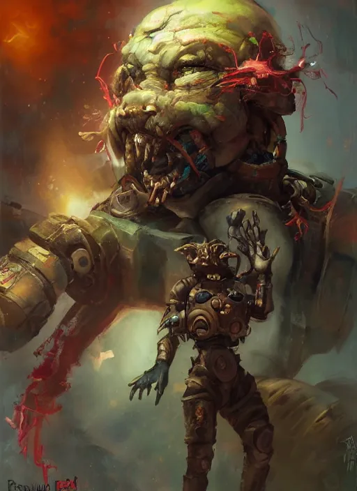 Prompt: a crazed kobald artificer painted by raymond swanland