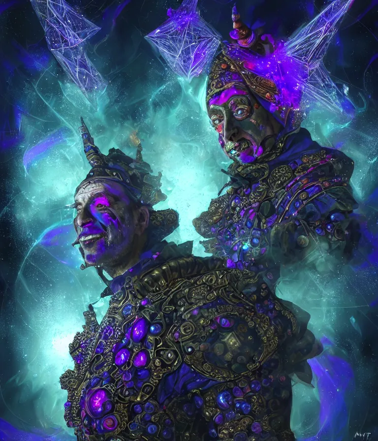 Image similar to front!!! shot of a court jester!!! character, mesmerizing fractal hypercubes, dark holography!!!, future, metallic nebula, crystalline edges, polygonal, elegant, highly detailed, centered, (((artstation, concept art, jagged, sharp focus, artgerm, Tomasz Alen Kopera, Peter Mohrbacher, donato giancola, Joseph Christian Leyendecker, WLOP, Boris Vallejo))), ((raytracing)), mugshot!!!!!, ugly!!!!!!, octane render, nvidia raytracing demo, octane render, nvidia raytracing demo, octane render, nvidia raytracing demo, 8K