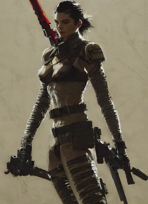 Prompt: kendall jenner wearing metal gear armor holding gun dramatic lighting art by Richard Schmid by Hokusai by greg rutkowski by trevor henderson by ross draws cinematic dramatic