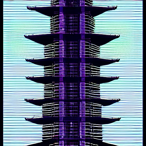 Image similar to Futuristic Pagoda Shrine in Tokyo megapolis in style of Tsutomu Nihei in purple and black tones. ArtStation, Cyberpunk, vertical symmetry, 8K, Highly Detailed, Intricate, Album Art.