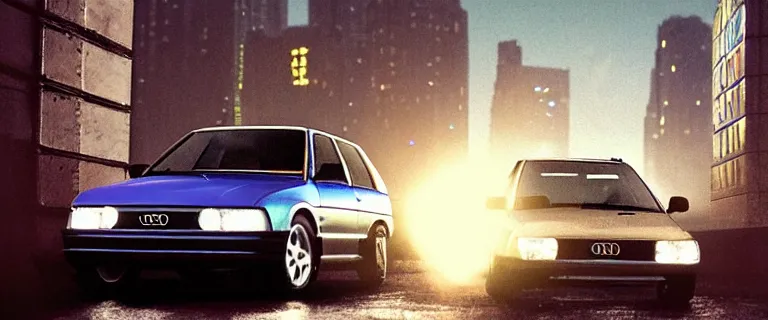 Image similar to RS Blue Audi RS 2 Avant (1995), black car, a gritty neo-noir, dramatic lighting, cinematic, establishing shot, extremely high detail, photorealistic, cinematic lighting, artstation, by simon stalenhag, Max Payne (PC) (2001) winter new york