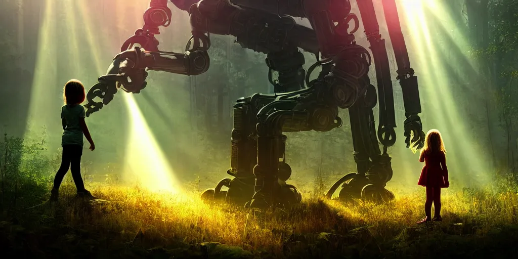 Image similar to sci - fi scene future new york, little girl holding a hand of a big robot, forest punk, crepuscular rays, epic scene, hyper realistic, photo realistic, overgrowth, cinematic atmosphere, ethereal lighting