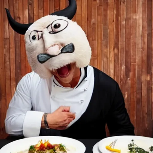 Image similar to a ram dressed up as gordon ramsay, realistic.