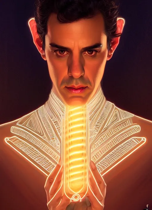 Image similar to symmetry!! portrait of seinfeld, glowing lights!! intricate, elegant, highly detailed, digital painting, artstation, concept art, smooth, sharp focus, illustration, art by artgerm and greg rutkowski and alphonse mucha