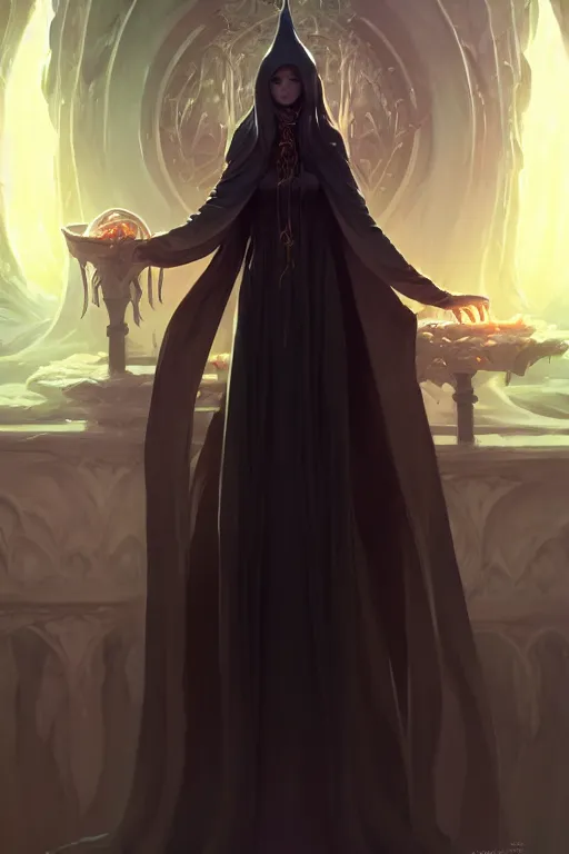 Prompt: a beautiful eldritch priestess girl standing on an altar wearing thick black robes | | cute - fine - face, pretty face, fine details by stanley artgerm lau, wlop, rossdraws, james jean, andrei riabovitchev, marc simonetti, and sakimichan, trending on artstation