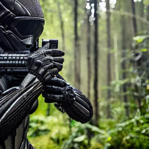 Image similar to close up Crysis Nanosuit shooting at enemies in a devastated burning exploding jungle combat photography 2022, Canon EOS R3, f/1.4, ISO 200, 1/160s, 8K, RAW, unedited, in-frame,