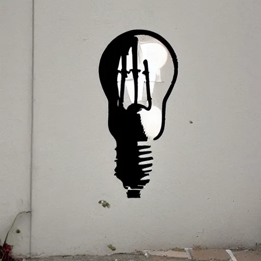 Prompt: wall art of a lightbulb by banksy