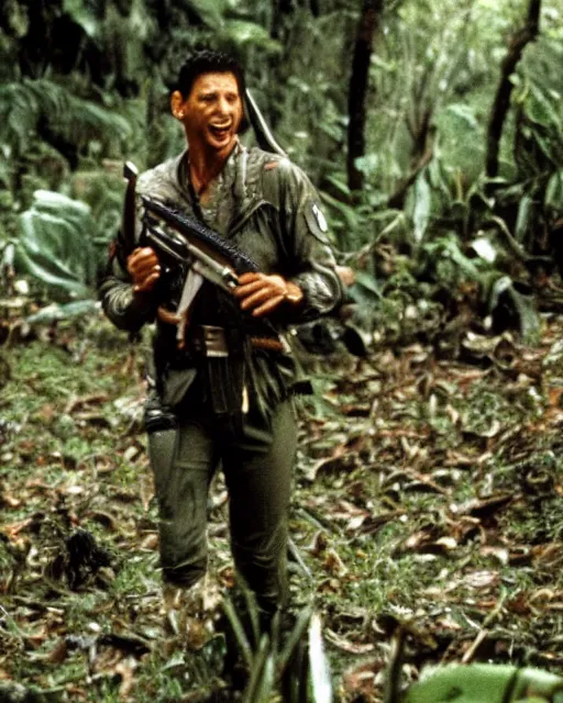 Prompt: Jeff Goldblum as Major Dutch in Predator, 1987, movie still