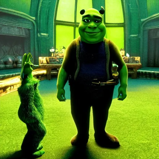 Prompt: Shrek as Neo from the Matrix, early screen test. Neo, neo, neo, neo