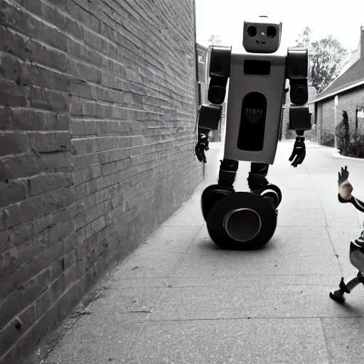 Image similar to in the style of 1960s, scary robot is chasing kids down the ally