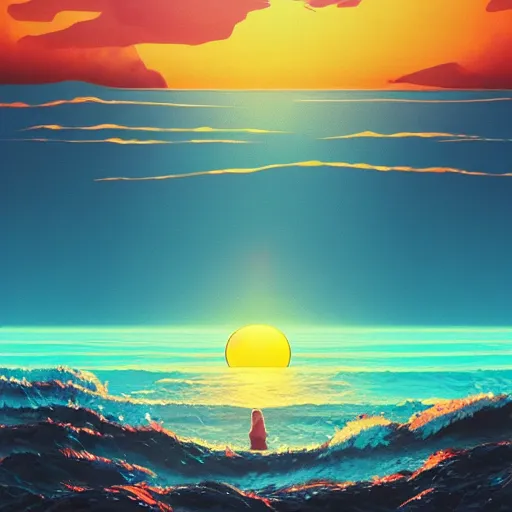 Prompt: sunset landscape ocean album cover, cartoon digital painting, detailed, beautiful brush stroke rendering, by beeple, by hayao miyazaki, by takashi murakami, by masahiro ito, 4 k wallpaper