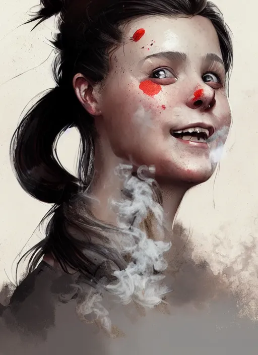 Image similar to Portrait of young female inventor, D&D fantasy, her hair is tied in a ponytail, smoke is in the air, she has a joyful expression and is covered in dirt. Intricate, highly detailed, digital painting, artstation, concept art, sharp focus, illustration, art by greg rutkowski and Ross Tran