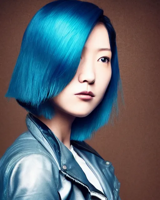 Image similar to Hyper realistic Portrait of a beautiful Japanese Cyberpunk girl, glowing teal hair bob haircut, bangs, Spiked blue leather jacket