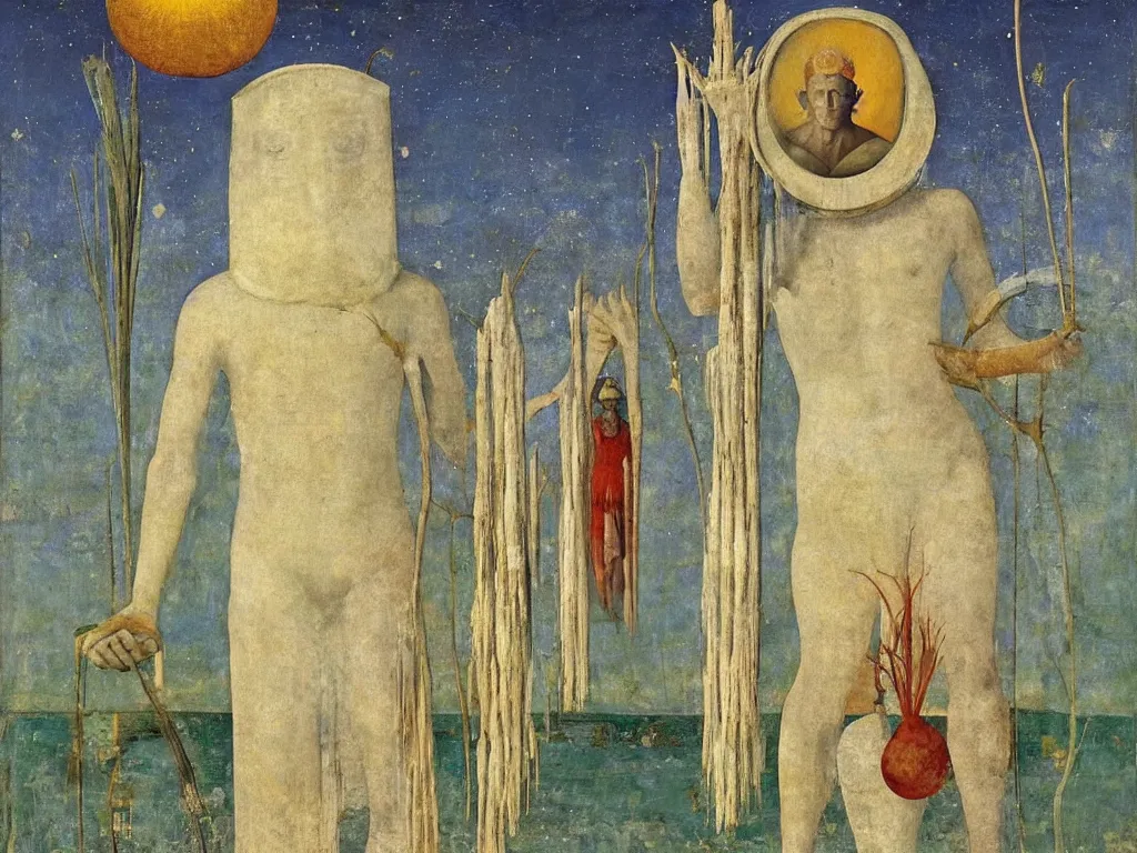 Prompt: tandric deity in white beekeeper suit with star and conch. painting by mikalojus konstantinas ciurlionis, piero della francesca, max ernst, rene magritte