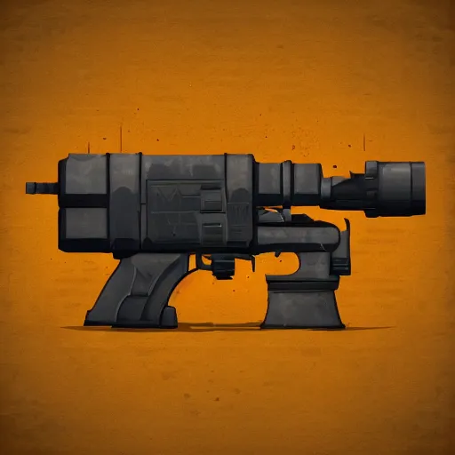 Prompt: heavy dieselpunk grenade launcher on a black background | | stylized weapon icons, digital painting, isometric, by greg rutkowsky, trending on artstation