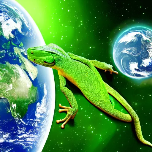 Image similar to an enormous green gecko hugging planet earth, space background