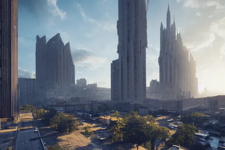 Image similar to streetscape, a towering cathedral of brutalist architecture, buildings covered with greebles, stunning volumetric light, sunset, metal, concrete and translucent material, stunning skies, majestic landscape, trending on Artstation, 8k, photorealistic, hyper detailed, unreal engine 5, IMAX quality, cinematic, epic lighting, in the style of Greg Rutkowski