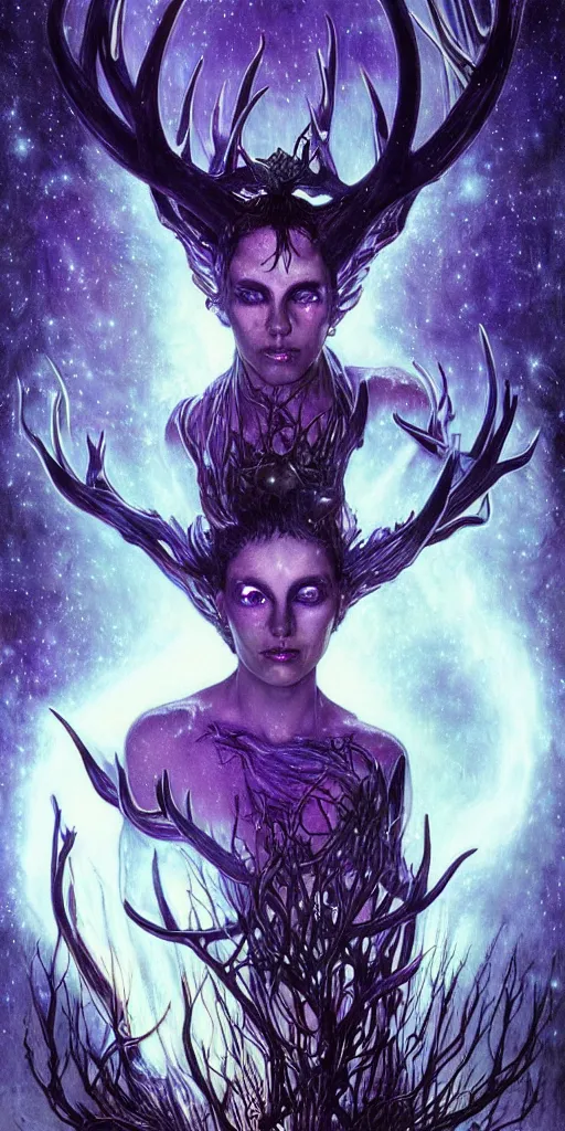 Image similar to intense roaring glowing black metal pagan god with antlers and veins and intense glowing eyes in very dark cosmic space by karol bak and artgerm and alphonse mucha, portrait, fantasy, clear, light beams, lens flare, intense, uhd, amazing depth, cinematic lighting, purple and violet and indigo and blue