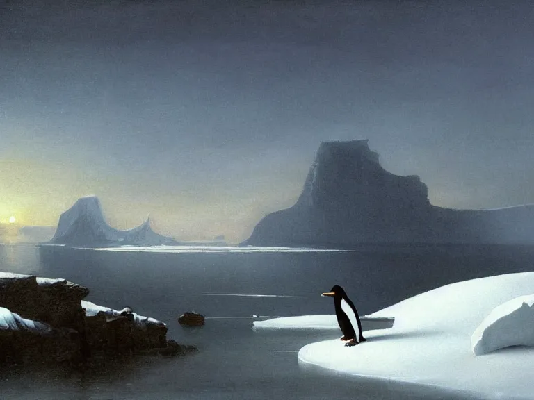 Image similar to an oil painting of a penguin playing in pure white snow on a misty iceberg at dusk. aurora. by tuomas korpi moebius and carl spitzweg. baroque elements. intricate artwork by caravaggio. oil painting. oil on canvas. award winning. dramatic. trending on artstation. 8 k