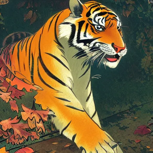 Image similar to a highly detailed portrait of cartoon tiger, sweating and flapping fan, autumn leaves on the ground, concise lines, ultradetailed environment, sharp focus, cinematic lighting, character art, 8 k, by alphonse maria mucha and kim jung gi