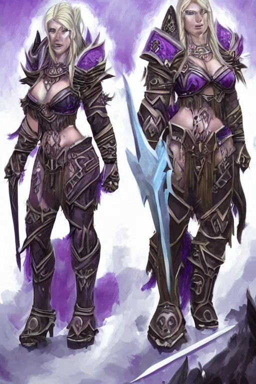 Image similar to world of warcraft concept art, barbarian warrior woman, heavy armor with amethysts, long white hair