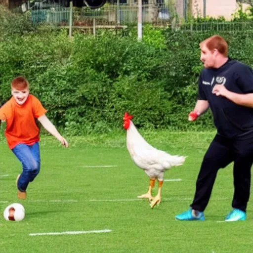 Prompt: people playing football with a chicken instead of a ball