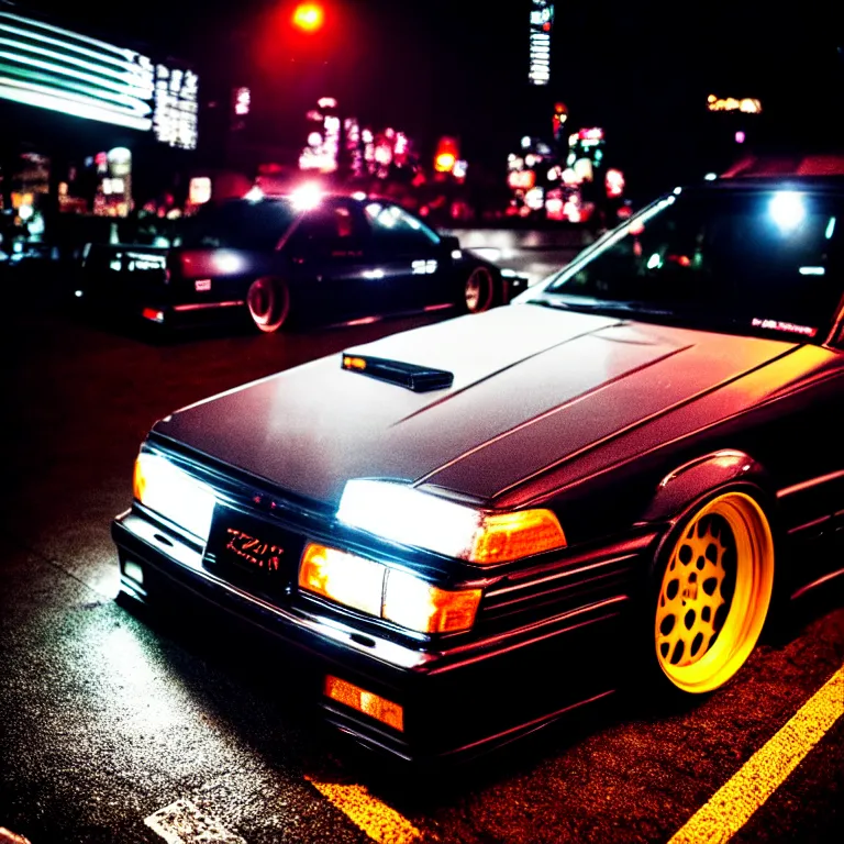 Image similar to close-up-photo JZX100 turbo illegal roadside night meet, work-wheels, Shibuya shibuya, cinematic color, photorealistic, deep dish wheels, highly detailed night photography