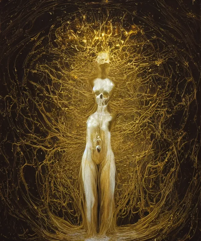 Image similar to Beautiful full-body wax sculpture of a glowing transparent woman with a skull face in glowing dress with visible gold bones covered with melted white wax inside the singularity where stars becoming baroque folds of dark matter by Michelangelo da Caravaggio, Nicola Samori, William Blake, Alex Grey and Beksinski, dramatic volumetric lighting, highly detailed oil painting, 8k, masterpiece