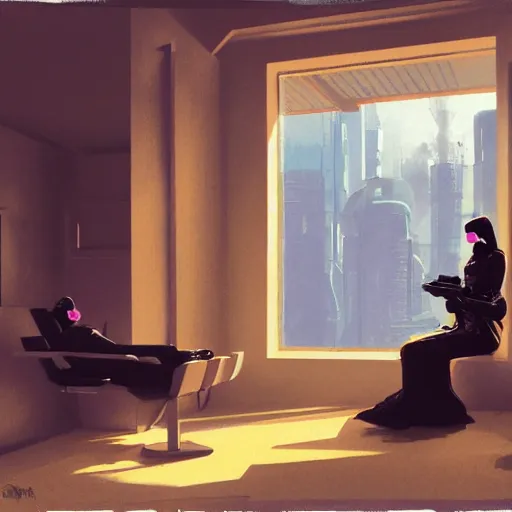 Prompt: illustration of a woman in vr headset sitting in cyberpunk room behind the window, by syd mead, greg rutkowski and ivan shishkin